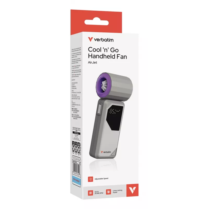 Verbatim Cool’n’Go AirJet Handheld Fan Grau/Lila, Grau, Lila, Handheld fan, 1 Stk., 6 W, Lithium-Ion (Li-Ion), 3,7 V