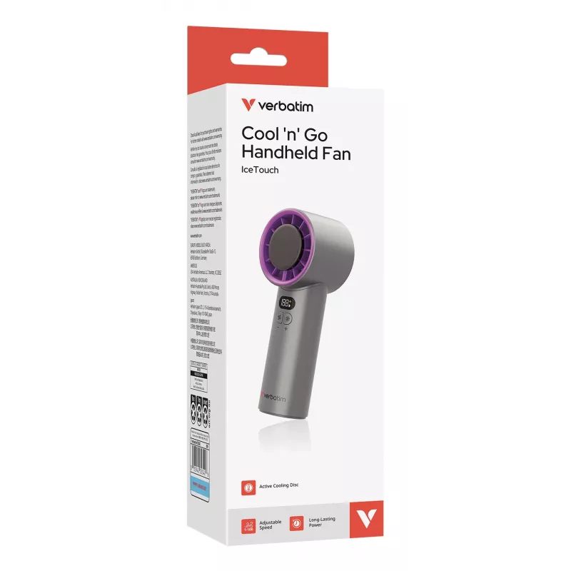 Verbatim Cool’n’Go IceTouch Handheld Fan Grau/Lila, Grau, Lila, 1 fan(s), Handheld fan, 1 Stk., 8 W, Lithium-Ion (Li-Ion)