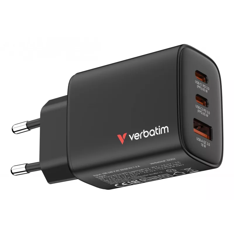 Verbatim Essentials GaN Ladegerät 65W EU-Stecker Schwarz, Innenbereich, AC, 20 V, Schwarz
