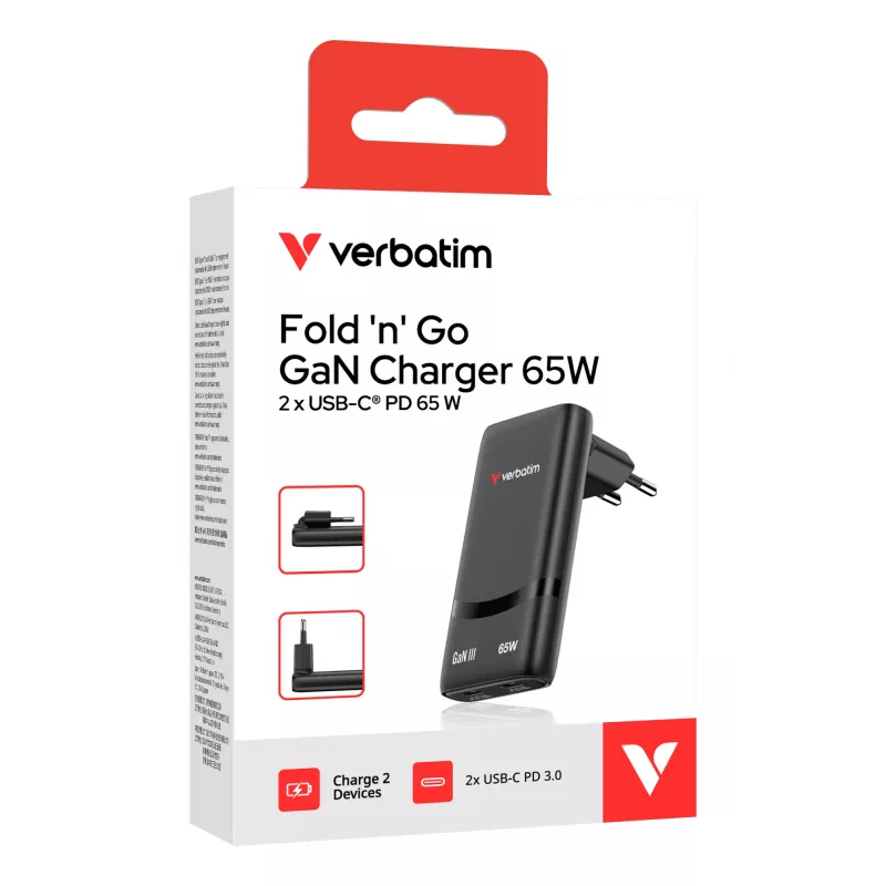 Verbatim Fold 'n' Go GaN-Ladegerät 65W EU-Stecker Schwarz, Innenbereich, AC, 20 V, Schwarz