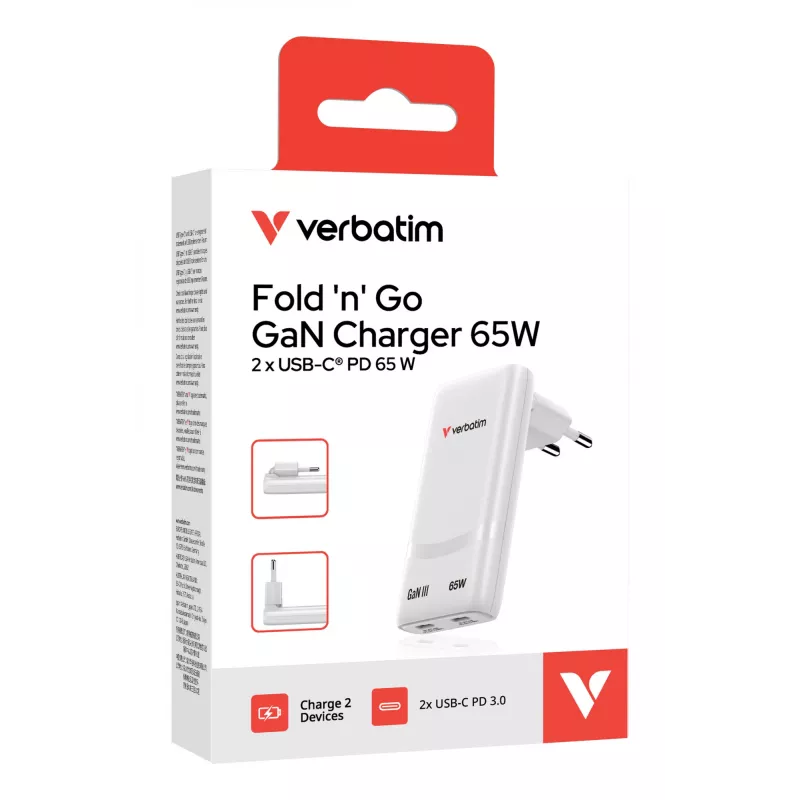 Verbatim Fold 'n' Go GaN-Ladegerät 65W EU-Stecker Weiß