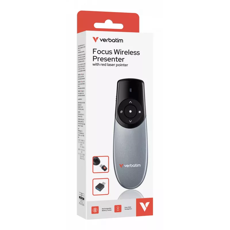 Verbatim Focus Wireless Presenter mit rotem Laserpointer, RF, USB, 30 m, Schwarz, Silber