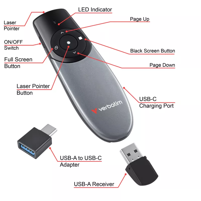 Verbatim Focus Wireless Presenter mit rotem Laserpointer, RF, USB, 30 m, Schwarz, Silber