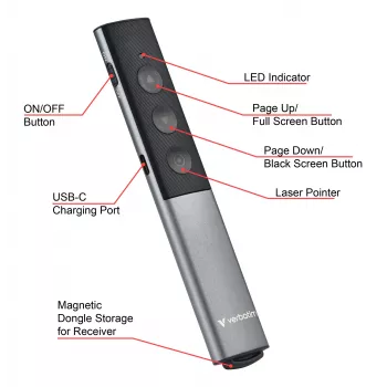 Verbatim Agenda Wireless Presenter mit rotem Laserpointer, RF, USB, 100 m, Schwarz, Silber