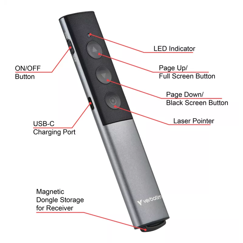 Verbatim Agenda Wireless Presenter mit rotem Laserpointer, RF, USB, 100 m, Schwarz, Silber