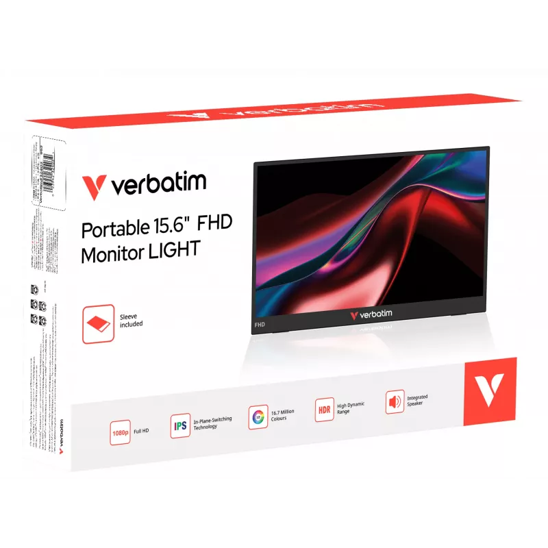 Verbatim Tragbarer 15,6-Zoll-FHD-Monitor LIGHT, 39,6 cm (15,6 Zoll), LCD, 1920 x 1080 Pixel, Full HD, 16:9, 10 ms
