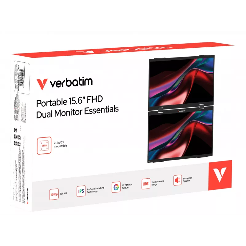 Verbatim Portable 15.6 Zoll FHD Dual Monitor Essentials, 39,6 cm (15,6 Zoll), LCD, 1920 x 1080 Pixel, Full HD, 16:9, 10 ms