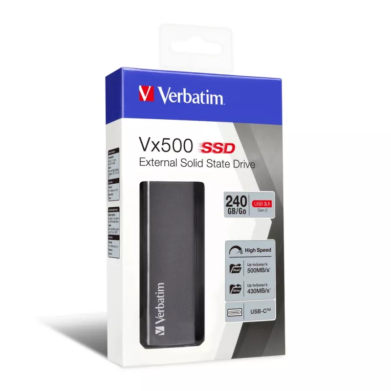 Verbatim Vx500 External SSD USB 3.1 Gen 2 240GB, 240 GB, USB Type-C, 3.2 Gen 2 (3.1 Gen 2), 500 MB/s, Silber