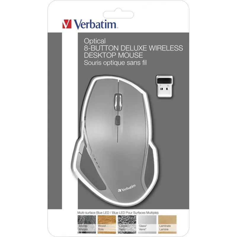 Verbatim 8-Button Wireless Blue LED Maus, Blue LED, RF Wireless, 1600 DPI, Schwarz, Grau