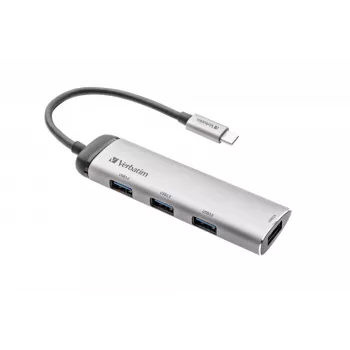 Verbatim USB-C Multiport Hub, vier Ports USB 3.2 Gen 1, USB 3.2 Gen 1 (3.1 Gen 1) Type-C, USB 3.2 Gen 1 (3.1 Gen 1) Type-A, 5000 Mbit/s, Grau, Aluminium, Kunststoff, 0,15 m