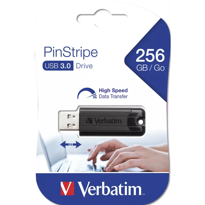 Verbatim PinStripe 3.0 - USB 3.0-Laufwerk 256 GB – Schwarz, 256 GB, USB Typ-A, 3.2 Gen 1 (3.1 Gen 1), Slide, 7 g, Schwarz