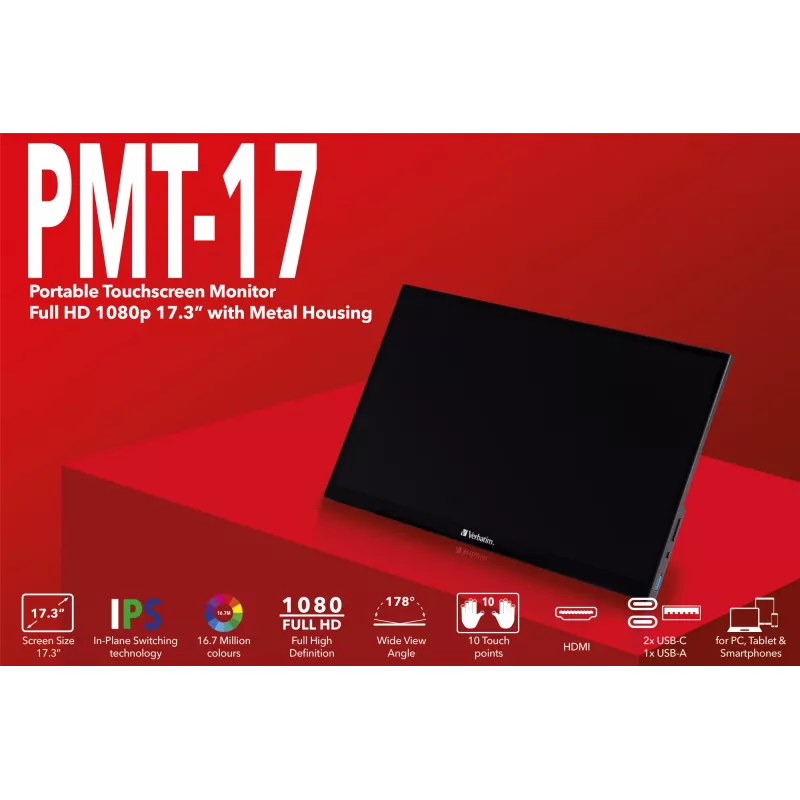 Verbatim 49593 Computer-Bildschirm 43,9 cm (17,3 Zoll) 1920 x 1080 Pixel Full HD LCD Touchscreen Schwarz