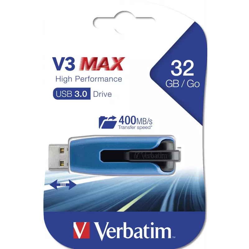 Verbatim V3 MAX - USB-3.0-Laufwerk 32 GB - Blau, 32 GB, USB Typ-A, 3.2 Gen 1 (3.1 Gen 1), 175 MB/s, Slide, Blau
