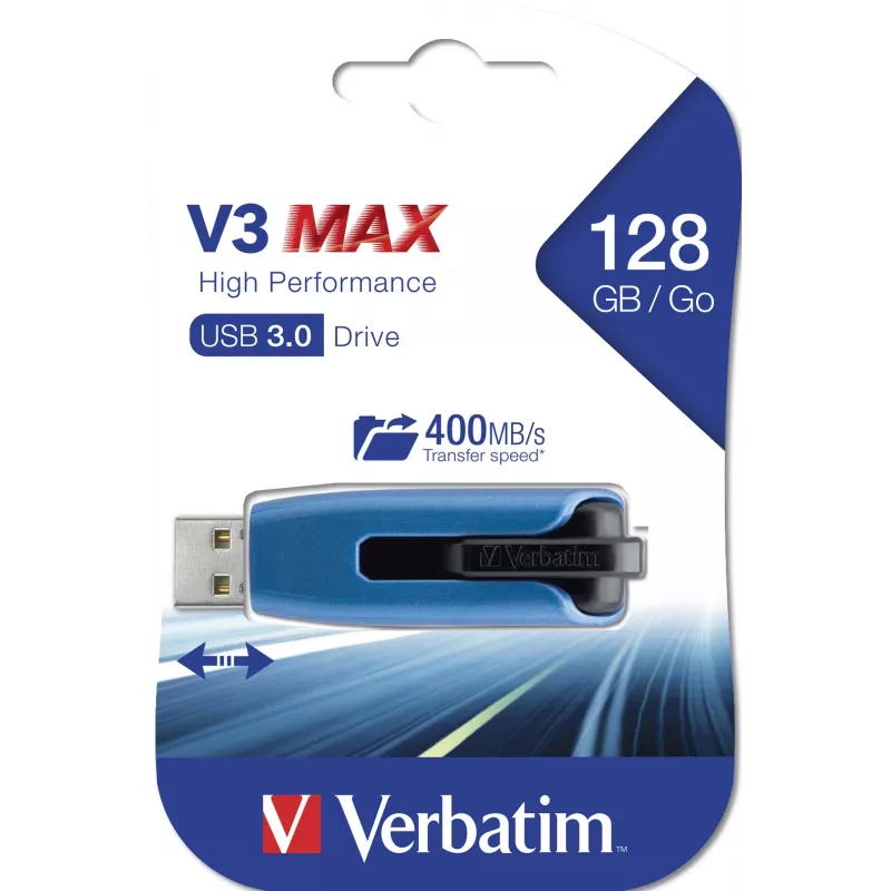 Verbatim V3 MAX - USB 3.0-Laufwerk 128 GB - Blau, 128 GB, USB Typ-A, 3.2 Gen 1 (3.1 Gen 1), 175 MB/s, Slide, Schwarz, Blau