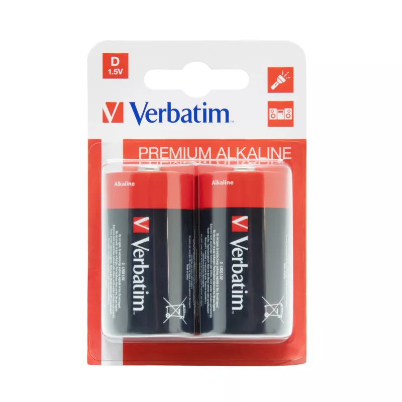 Verbatim D Alkaline-Batterien, Einwegbatterie, Alkaline, 1,5 V, 2 Stück, Mehrfarbig, 34,2 mm