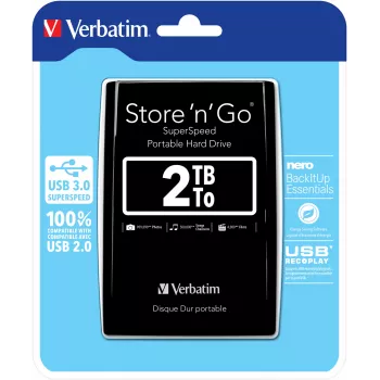 Verbatim Store 'n' Go USB 3.0 Portable Festplatte 2 TB Schwarz, 2 TB, 3.2 Gen 1 (3.1 Gen 1), 5400 RPM, Schwarz