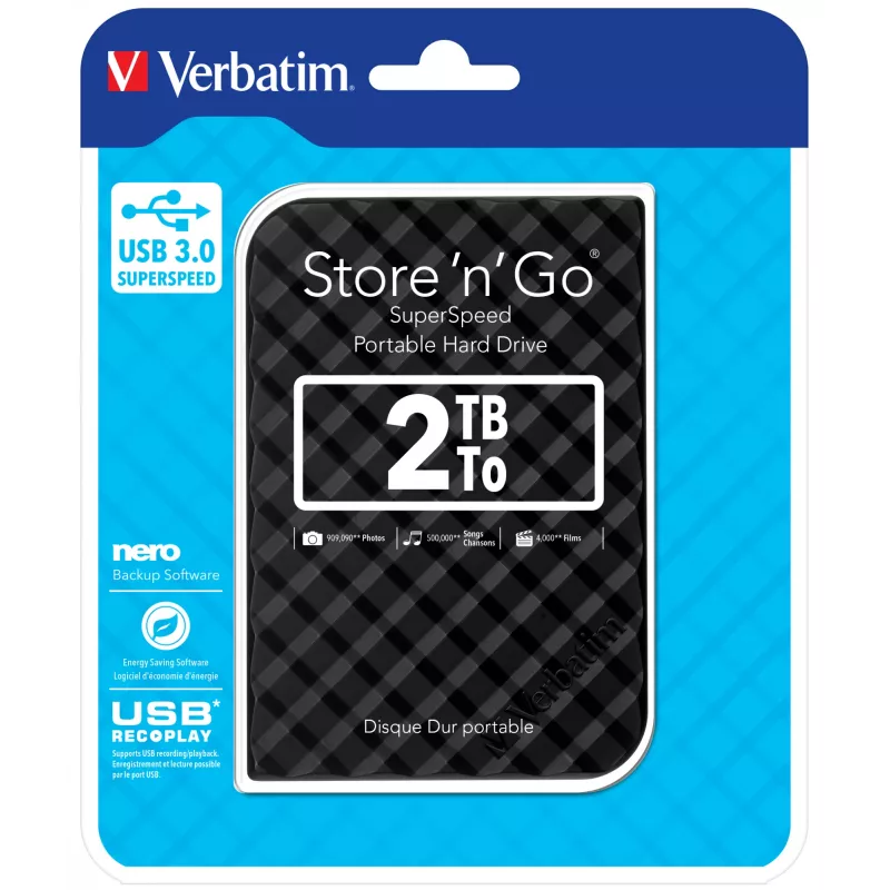 Verbatim Store 'n' Go USB 3.0 Festplatte 2TB Schwarz, 2 TB, 3.2 Gen 1 (3.1 Gen 1), 5400 U/min, Schwarz