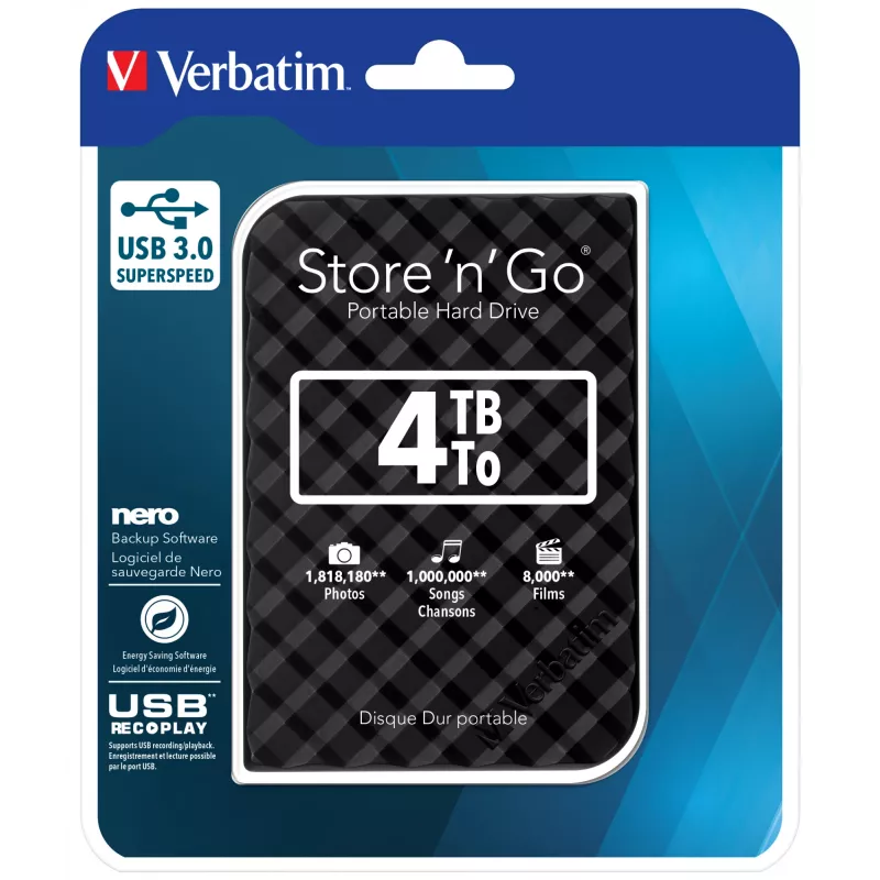 Verbatim Store 'n' Go USB 3.0 Festplatte 4 TB Schwarz, 4 TB, 3.2 Gen 1 (3.1 Gen 1), 5400 RPM, Schwarz