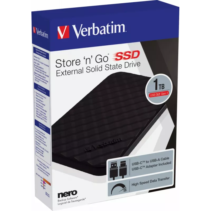 Verbatim Store 'n' Go Portable SSD USB 3.2 GEN 1 1TB, 1 TB, USB Type-C, 3.2 Gen 1 (3.1 Gen 1), Schwarz