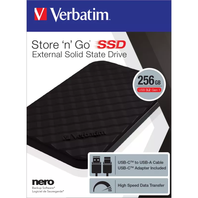 Verbatim Store 'n' Go Portable SSD USB 3.2 GEN 1 256GB, 256 GB, USB Type-C, 3.2 Gen 1 (3.1 Gen 1), Schwarz