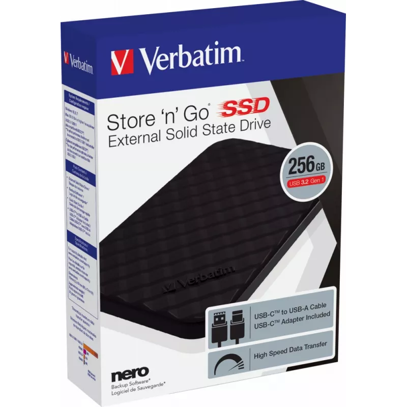 Verbatim Store 'n' Go Portable SSD USB 3.2 GEN 1 256GB, 256 GB, USB Type-C, 3.2 Gen 1 (3.1 Gen 1), Schwarz