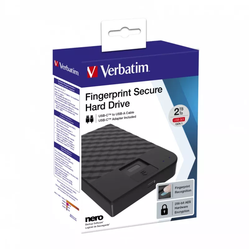 Verbatim Fingerprint Secure Portable Hard Drive 2TB, 2 TB, 3.2 Gen 1 (3.1 Gen 1), Schwarz