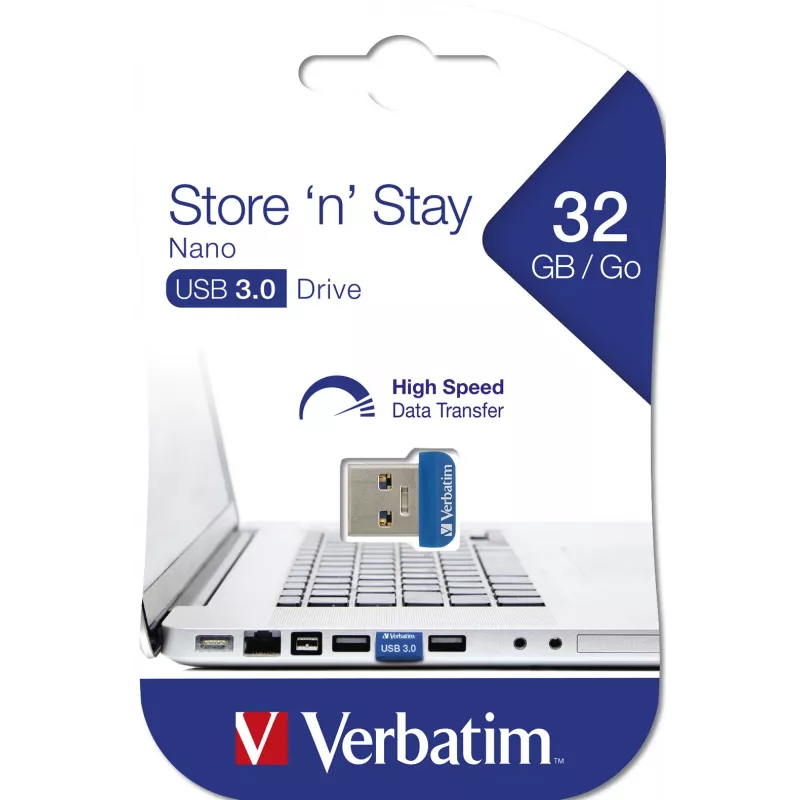 Verbatim Store 'n' Stay NANO - USB 3.0-Laufwerk 32 GB - Blau, 32 GB, USB Typ-A, 3.2 Gen 1 (3.1 Gen 1), Kappe, 3 g, Blau