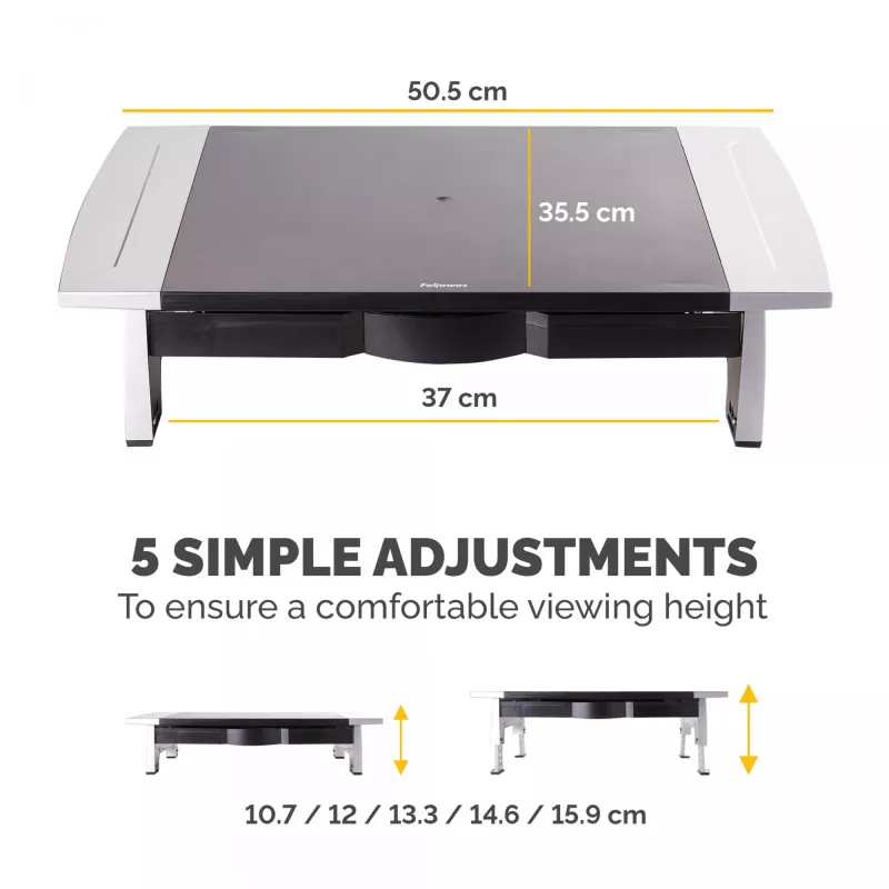 Fellowes Computer-Monitorständer mit 5 Höhenverstellungen - Office Suites Monitorerhöhung mit Ablagefach - Ergonomisch verstellbarer Monitorständer für Computer - Max. Gewicht 36 kg/Max. Größe 28 Zoll - Graphit