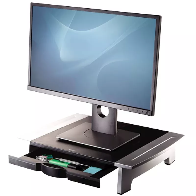Fellowes Computer-Monitorständer mit 5 Höhenverstellungen - Office Suites Monitorerhöhung mit Ablagefach - Ergonomisch verstellbarer Monitorständer für Computer - Max. Gewicht 36 kg/Max. Größe 28 Zoll - Graphit