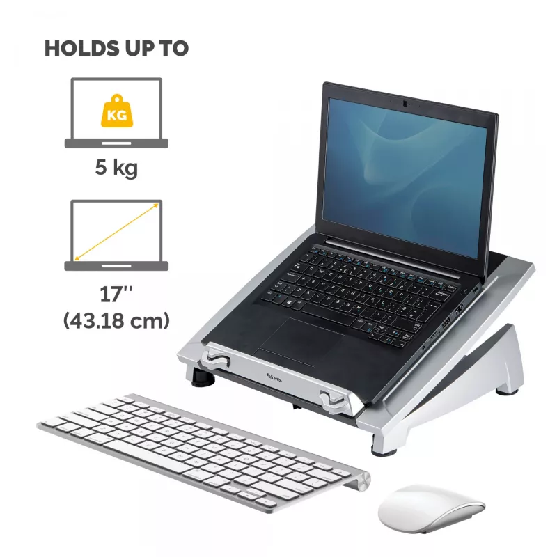 Fellowes Laptopständer für den Schreibtisch – Office Suites Plus verstellbarer Laptopständer für Zuhause und das Büro – Laptoperhöhung mit 5 Höheneinstellungen – max. Bildschirmgröße 17 Zoll, max. Gewicht 5 kg – Schwarz/Silber