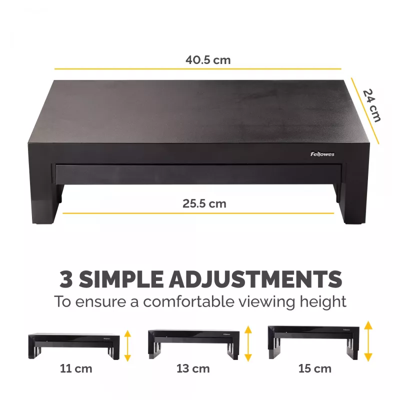 Fellowes Computer-Monitorständer mit 3 Höheneinstellungen - Designer Suites Monitorerhöhung mit Ablagefach - Ergonomischer verstellbarer Monitorständer für Computer - Max. Gewicht 18 kg / Max. Größe 21 Zoll - Schwarz/Perlweiß