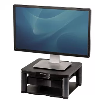 Fellowes Computermonitorständer mit 3 Höheneinstellungen – Premium Monitor Riser Plus mit Kabelmanagement – Ergonomischer verstellbarer Monitorständer für Computer – Max. Gewicht 36 kg / Max. Größe 21 Zoll – Graphit
