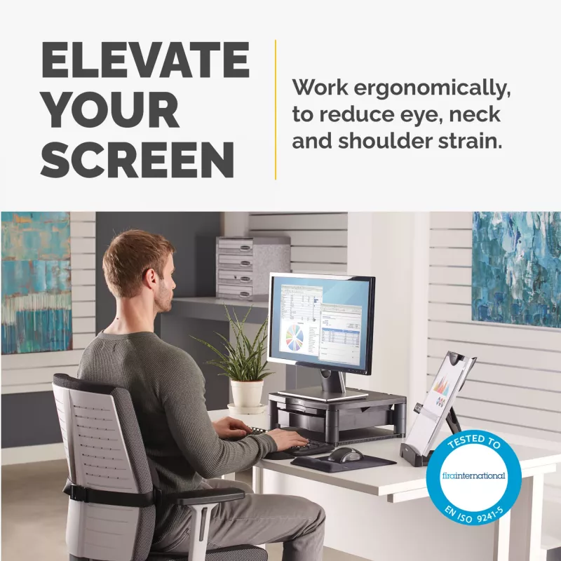 Fellowes Computermonitorständer mit 3 Höheneinstellungen – Premium Monitor Riser Plus mit Kabelmanagement – Ergonomischer verstellbarer Monitorständer für Computer – Max. Gewicht 36 kg / Max. Größe 21 Zoll – Graphit