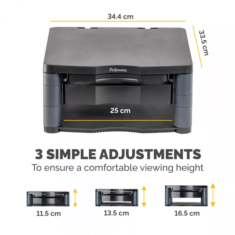 Fellowes Computermonitorständer mit 3 Höheneinstellungen – Premium Monitor Riser Plus mit Kabelmanagement – Ergonomischer verstellbarer Monitorständer für Computer – Max. Gewicht 36 kg / Max. Größe 21 Zoll – Graphit