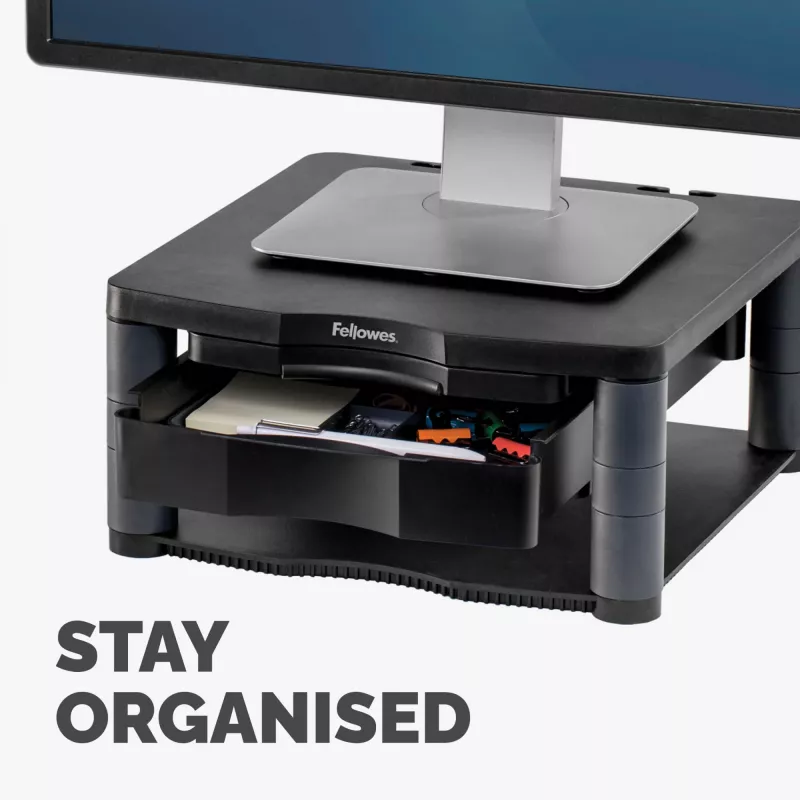 Fellowes Computermonitorständer mit 3 Höheneinstellungen – Premium Monitor Riser Plus mit Kabelmanagement – Ergonomischer verstellbarer Monitorständer für Computer – Max. Gewicht 36 kg / Max. Größe 21 Zoll – Graphit