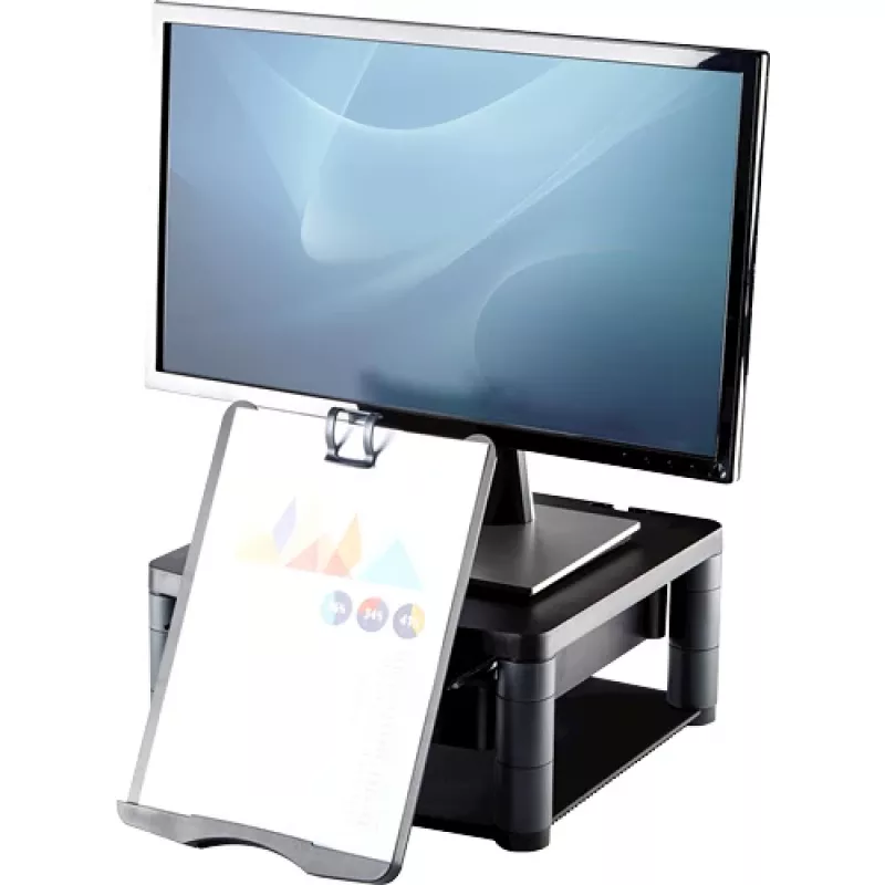 Fellowes Computermonitorständer mit 3 Höheneinstellungen – Premium Monitor Riser Plus mit Kabelmanagement – Ergonomischer verstellbarer Monitorständer für Computer – Max. Gewicht 36 kg / Max. Größe 21 Zoll – Graphit