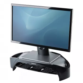 Fellowes Computermonitorständer mit 3 Höheneinstellungen – Smart Suites Monitor Riser Plus mit Stauraum – Ergonomischer verstellbarer Monitorständer für Computer – Max. Gewicht 10 kg/Max. Größe 21 Zoll – Schwarz