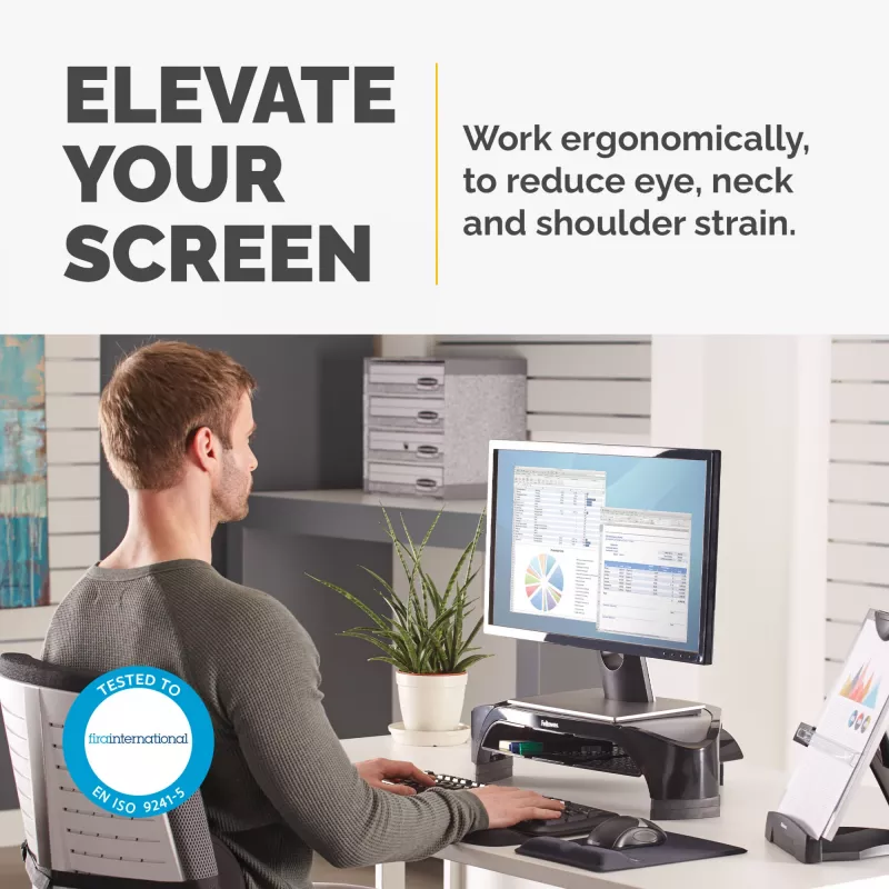 Fellowes Computermonitorständer mit 3 Höheneinstellungen – Smart Suites Monitor Riser Plus mit Stauraum – Ergonomischer verstellbarer Monitorständer für Computer – Max. Gewicht 10 kg/Max. Größe 21 Zoll – Schwarz