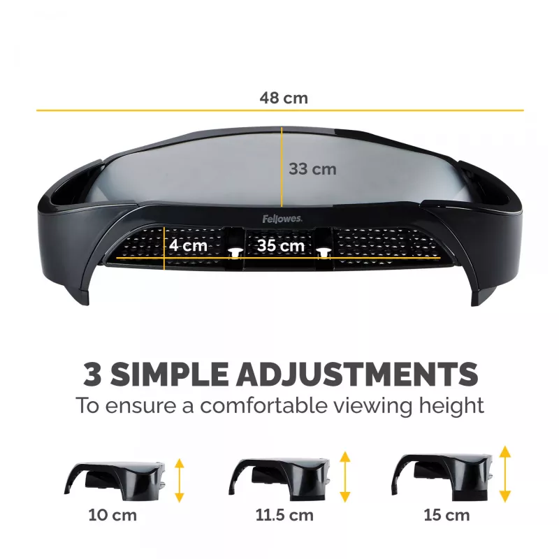 Fellowes Computermonitorständer mit 3 Höheneinstellungen – Smart Suites Monitor Riser Plus mit Stauraum – Ergonomischer verstellbarer Monitorständer für Computer – Max. Gewicht 10 kg/Max. Größe 21 Zoll – Schwarz