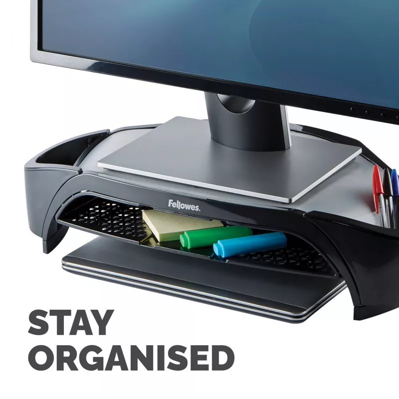 Fellowes Computermonitorständer mit 3 Höheneinstellungen – Smart Suites Monitor Riser Plus mit Stauraum – Ergonomischer verstellbarer Monitorständer für Computer – Max. Gewicht 10 kg/Max. Größe 21 Zoll – Schwarz