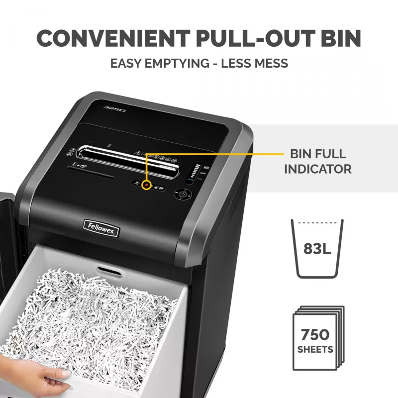 Fellowes Aktenvernichter 325Ci 24 Blatt Partikelschnitt-Aktenvernichter mit 83-Liter-Auffangbehälter, hohe Sicherheitsstufe P4