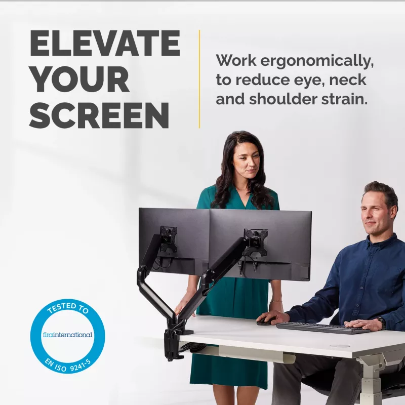 Fellowes Platinum Series Dual-Monitorarm – Monitorhalterung für zwei 8 kg schwere 40-Zoll-Bildschirme – verstellbare Dual-Monitor-Tischhalterung – Neigung 45°, Schwenken 180°, Drehen 360°, VESA 75 x 75/100 x 100 – Schwarz