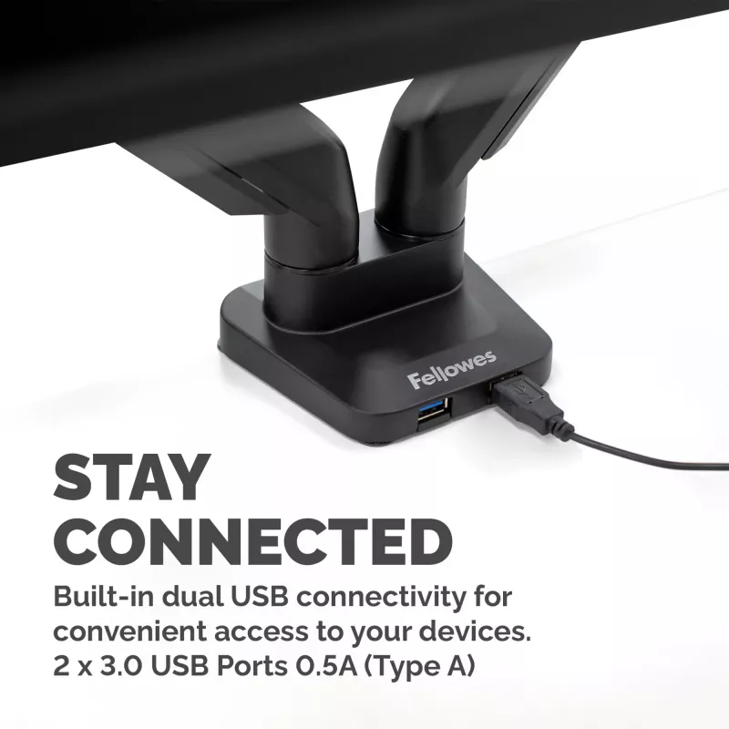 Fellowes Platinum Series Dual-Monitorarm – Monitorhalterung für zwei 8 kg schwere 40-Zoll-Bildschirme – verstellbare Dual-Monitor-Tischhalterung – Neigung 45°, Schwenken 180°, Drehen 360°, VESA 75 x 75/100 x 100 – Schwarz