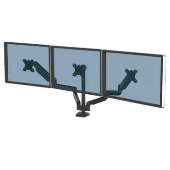 Fellowes Platinum Series dreifacher Monitorarm – Monitorhalterung für drei 7 kg schwere 27-Zoll-Bildschirme – verstellbare dreifache Monitor-Tischhalterung – Neigung 45°, Schwenken 180°, Drehung 360°, VESA 75 x 75/100 x 100 – Schwarz