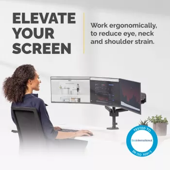 Fellowes Platinum Series dreifacher Monitorarm – Monitorhalterung für drei 7 kg schwere 27-Zoll-Bildschirme – verstellbare dreifache Monitor-Tischhalterung – Neigung 45°, Schwenken 180°, Drehung 360°, VESA 75 x 75/100 x 100 – Schwarz