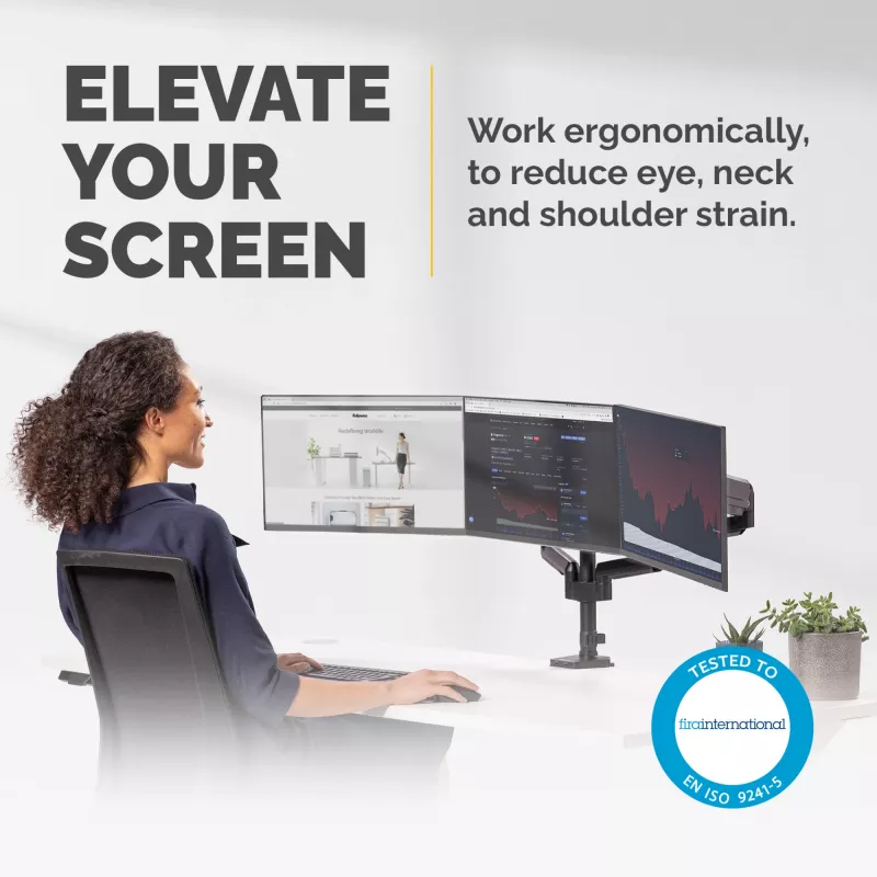Fellowes Platinum Series dreifacher Monitorarm – Monitorhalterung für drei 7 kg schwere 27-Zoll-Bildschirme – verstellbare dreifache Monitor-Tischhalterung – Neigung 45°, Schwenken 180°, Drehung 360°, VESA 75 x 75/100 x 100 – Schwarz