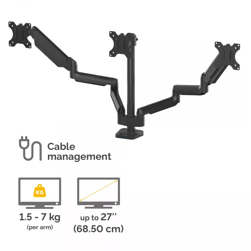 Fellowes Platinum Series dreifacher Monitorarm – Monitorhalterung für drei 7 kg schwere 27-Zoll-Bildschirme – verstellbare dreifache Monitor-Tischhalterung – Neigung 45°, Schwenken 180°, Drehung 360°, VESA 75 x 75/100 x 100 – Schwarz