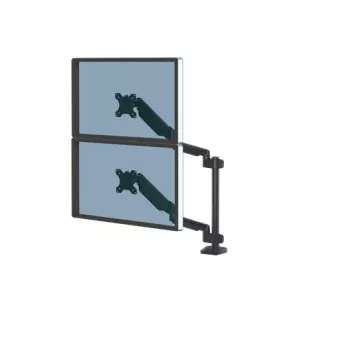 Fellowes Platinum Series Dual Stacking Monitor Arm – Monitorhalterung für zwei 8 kg schwere 27-Zoll-Bildschirme – Verstellbare Doppelmonitor-Tischhalterung – Neigung 45° Schwenken 180° Drehung 360° Rotation 360°, VESA 75 x 75/100 x 100 – Schwarz