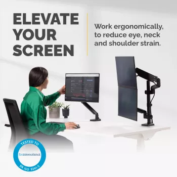 Fellowes Platinum Series Dual Stacking Monitor Arm – Monitorhalterung für zwei 8 kg schwere 27-Zoll-Bildschirme – Verstellbare Doppelmonitor-Tischhalterung – Neigung 45° Schwenken 180° Drehung 360° Rotation 360°, VESA 75 x 75/100 x 100 – Schwarz