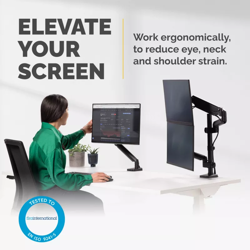 Fellowes Platinum Series Dual Stacking Monitor Arm – Monitorhalterung für zwei 8 kg schwere 27-Zoll-Bildschirme – Verstellbare Doppelmonitor-Tischhalterung – Neigung 45° Schwenken 180° Drehung 360° Rotation 360°, VESA 75 x 75/100 x 100 – Schwarz